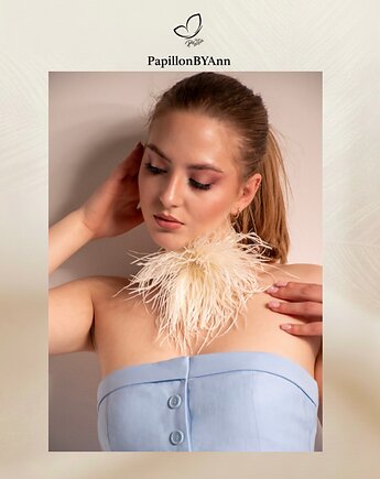Choker kwiat na szyje na tasiemce regulowany czarny lub kremowy z piórami, PapillonBYAnn