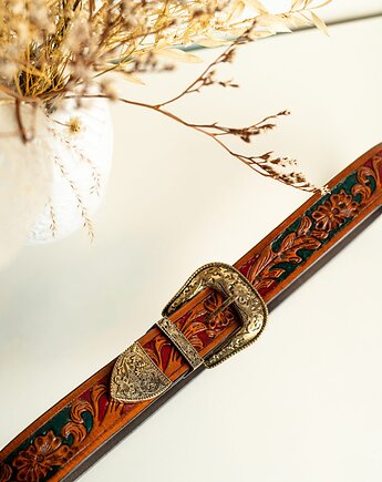 Pasek skórzany Asim ręcznie robiony rzeźbione wzory, SempreArte