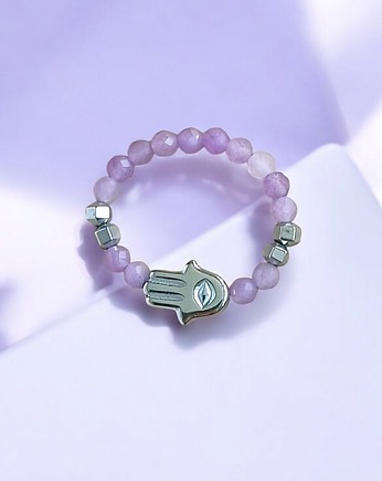 HARMONIA & OCHRONA - pierścionek : ametyst, srebrny hematyt, kaktusia