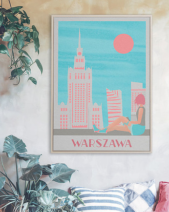 Plakat Warszawa - panorama miasta i Pałac Kultury, minimalmill