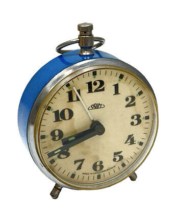 Niebieski mechaniczny budzik z uchwytem PRIM, Czechosłowacja, lat 60., Good Old Things