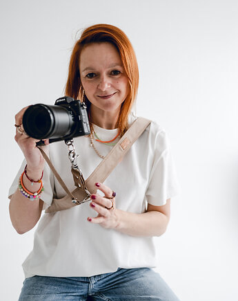 Szelka do aparatu na 1 aparat dla fotografki welurowe beżowe, equipo