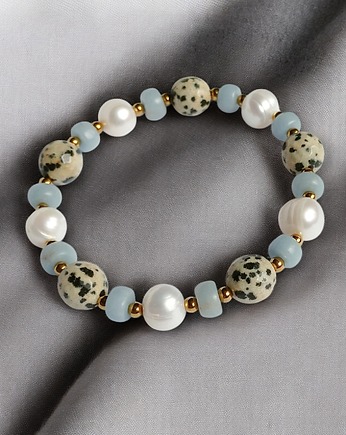 Anielska bransoletka : angelit, perły, jaspis : na gumce, kaktusia