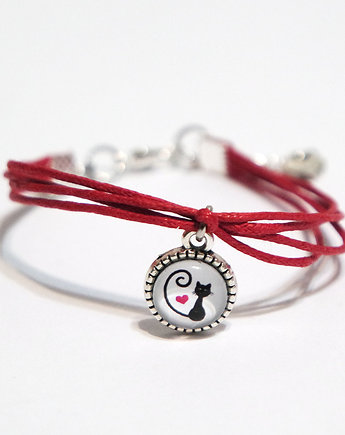Bransoletka - Kotek, serce - sznureczki, czerwona, yenoo