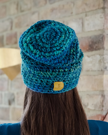 CRAZYCOLOR  turkusowa czapka handmade z polarem, sploteka