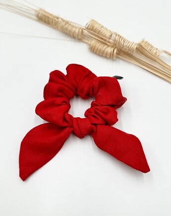 Scrunchie/frotka bow Len czerwień, wu handmade