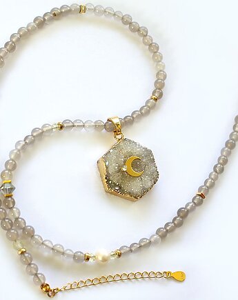 Unikatowy Choker z szarym agatem, druzą i księżycem, KEIT