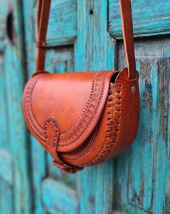 Torebka skórzana ręcznie robiona góralska Nicte Brązowa wzory zakopane, SempreArte