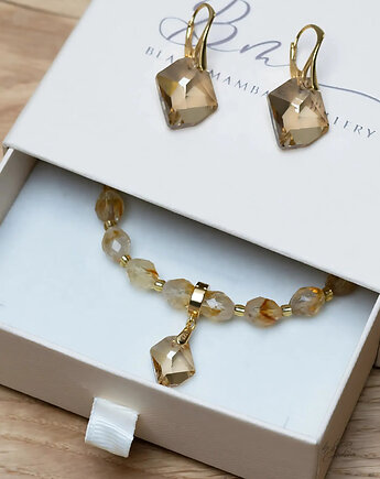 Unikatowy Komplet Biżuterii Swarovski Golden Shadow (Srebro Pozłacane ), Black Mamba Jewelry