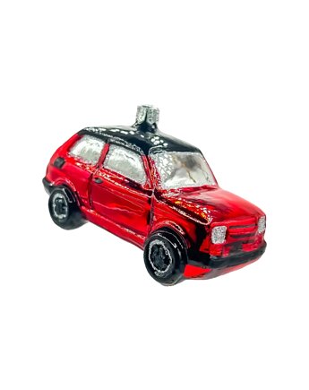 Bombka choinkowa: Fiat 126p Maluch: czerwony z czarnym dachem, Syn Bombkarza