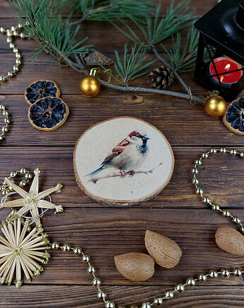 Brzozowa podkładka pod kubek, świąteczna zawieszka - wróbel, Manufa