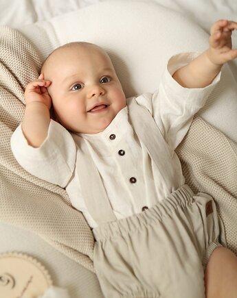 Komplet lniany koszula oversize off white i bloomersy beige, Awake for Kids