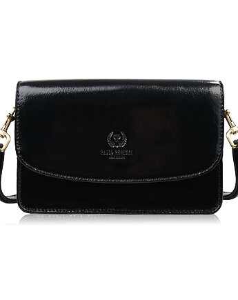 Torebka damska skórzana lakierowana mała czarna kopertówka na ramię, Paolo Peruzzi