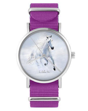 Zegarek - Biały koń biegnący - amarant, nylon, yenoo