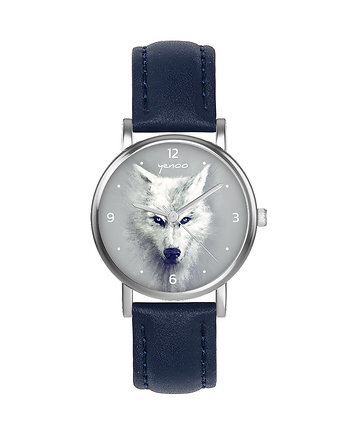 Zegarek  mały - Biały wilk - skórzany, granatowy, OSOBY - Prezent dla teścia