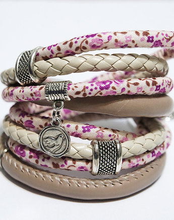 Bransoletka - Ptaszek - rzemienie, owijana, kwiaty, yenoo