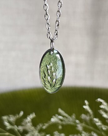 Srebrna zawieszka jajowata suszone kwiaty zboża zielona, zkwiatem
