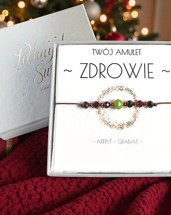 Wysyłka 24h : amulet - ZDROWIE - świąteczne pudełko - NEFRYT, granat, kaktusia