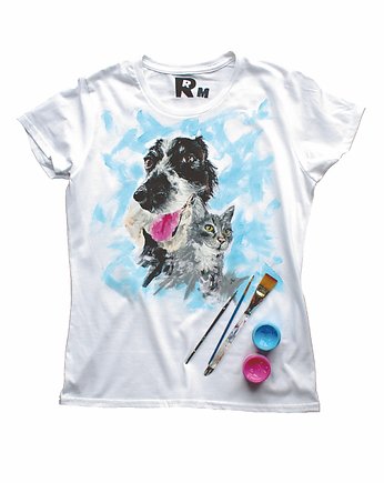 Ręcznie malowana damska koszulka Portret PIES/KOT, rękąROBIONE