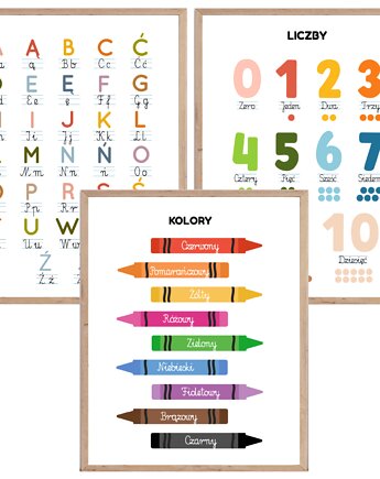 Plakaty edukacyjne dla dzieci Alfabet, Kolory, Liczby, Wallie Studio Dekoracji