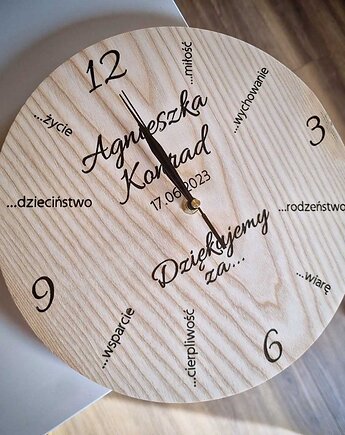 Podziękowanie ślubne dla rodziców - zegar naturalne drewno, Drewniane dodatki