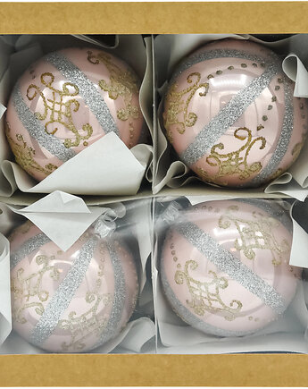 ZESTAW 4 szt.: Bombki okrągłe różowe z paskami, Syn Bombkarza