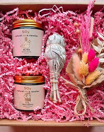 Zestaw prezentowy świec sojowych z mini bukietem i kadzidłem, SOy