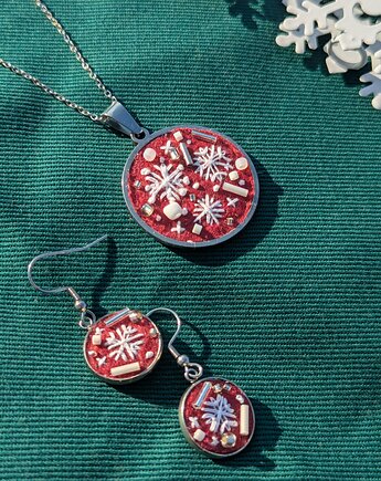 KOMPLET Śnieżynki - ręcznie haftowane kolczyki i naszyjnik, Papaya