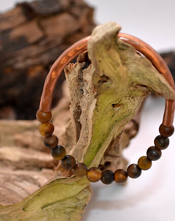 Bransoletka miedziana handmade z koralikami: tygrysie oko (matowe), FutharkCopper