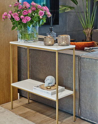 TATYANA- złota konsola z białym blatem, wąska konsola, toaletka, Papierowka Simple form of furniture