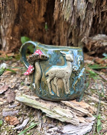 Kubek  hand made, muchomor , grzybki i paprocie , sarenka 350 ml, AM Natural Home Pracownia Ceramiczna