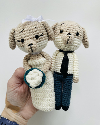 Młoda para pieski maskotki ręcznie robione prezent ślubny, splotomaniaa