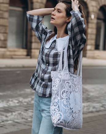 Torebka upcykling firankowa shopperka biała w kwiaty 1/1, From.us brand