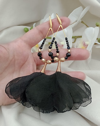 Czarne kolczyki kwiaty, czarne kolczyki z jedwabiu, Soutacheria