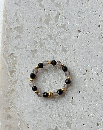 Pierścionek elastyczny Kwarc Dymny i Onyks, Chmolowska Jewellery