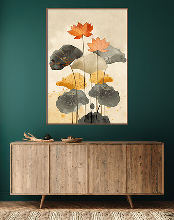 Liście lotusu - Plakat, druk - Chiński Orient, Harmonia Zen, Wabi Sabi #113, Black Sapphire Art