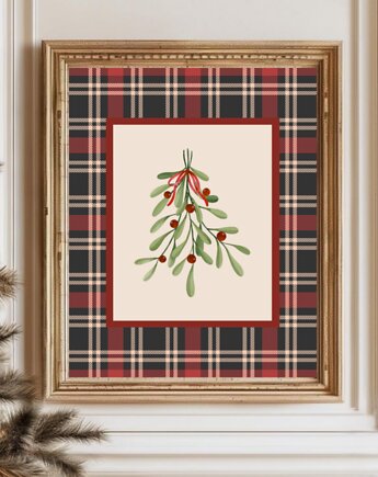 PLAKAT świąteczny jemioła vintage grafika krata, black dot studio