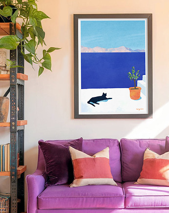 Plakat z kotem - Sjesta nad brzegiem morza, minimalmill