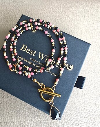 Długi naszyjnik turmalin rodonit i jaspis, NESSING handmade