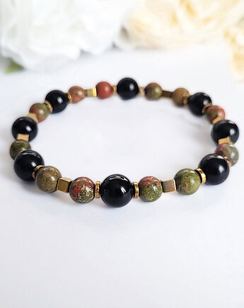 Szczęśliwy związek- bransoletka z Unakitem i Obsydianem, Seylla pracownia