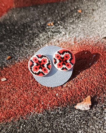 Kolczyki ceramiczne w czerwono-czarne wzory, biżuteria z talerzy