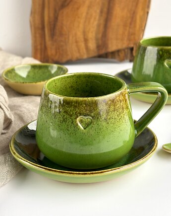 Filiżanka ze spodkiem beczułka ręcznie robiona 250 ml - Zielona z sercem, Ceramika Tyka