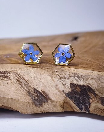 Złote kolczyki heksagon Niezapominajki, Lovely Jewellery
