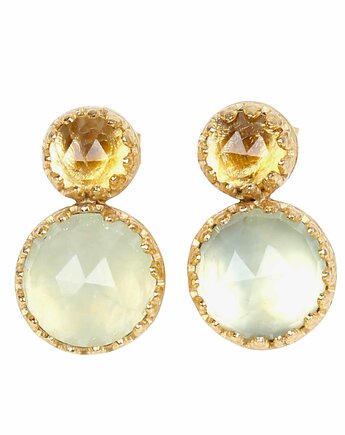 Złote kolczyki retro z cytrynem i prehnitem, Blooming Stones