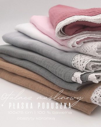 Muślinowy kocyk otulacz + poduszka 100x75cm  koronka  kolory, Little Angels