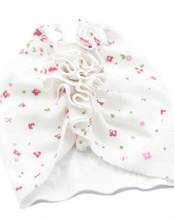 Turban czapeczka bawełniana prążek biała w kwiatki, FairyBows