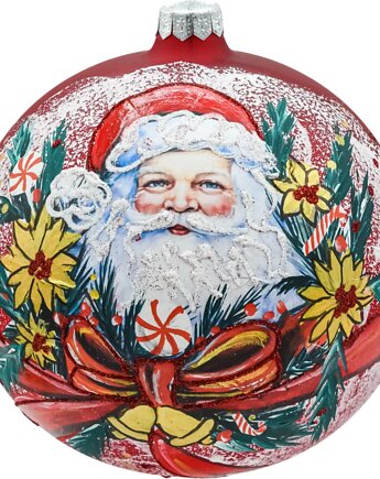 Bombka okrągła czerwona: Święty Mikołaj w świątecznym wieńcu, Syn Bombkarza