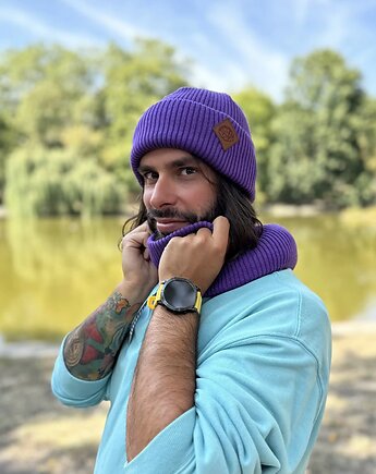 Męska bawełniana czapka beanie logo ekoskórka Fiolet