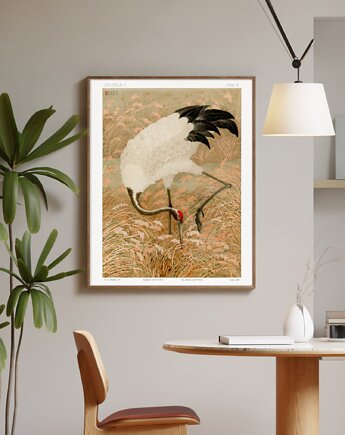 PLAKAT japoński, żuraw  illustracja, dawna sztuka ścienna, black dot studio