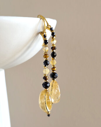 Kolczyki wiszące UNIKAT czarny turmalin, cytryn, apatyt, tygrysie oko, Magneska